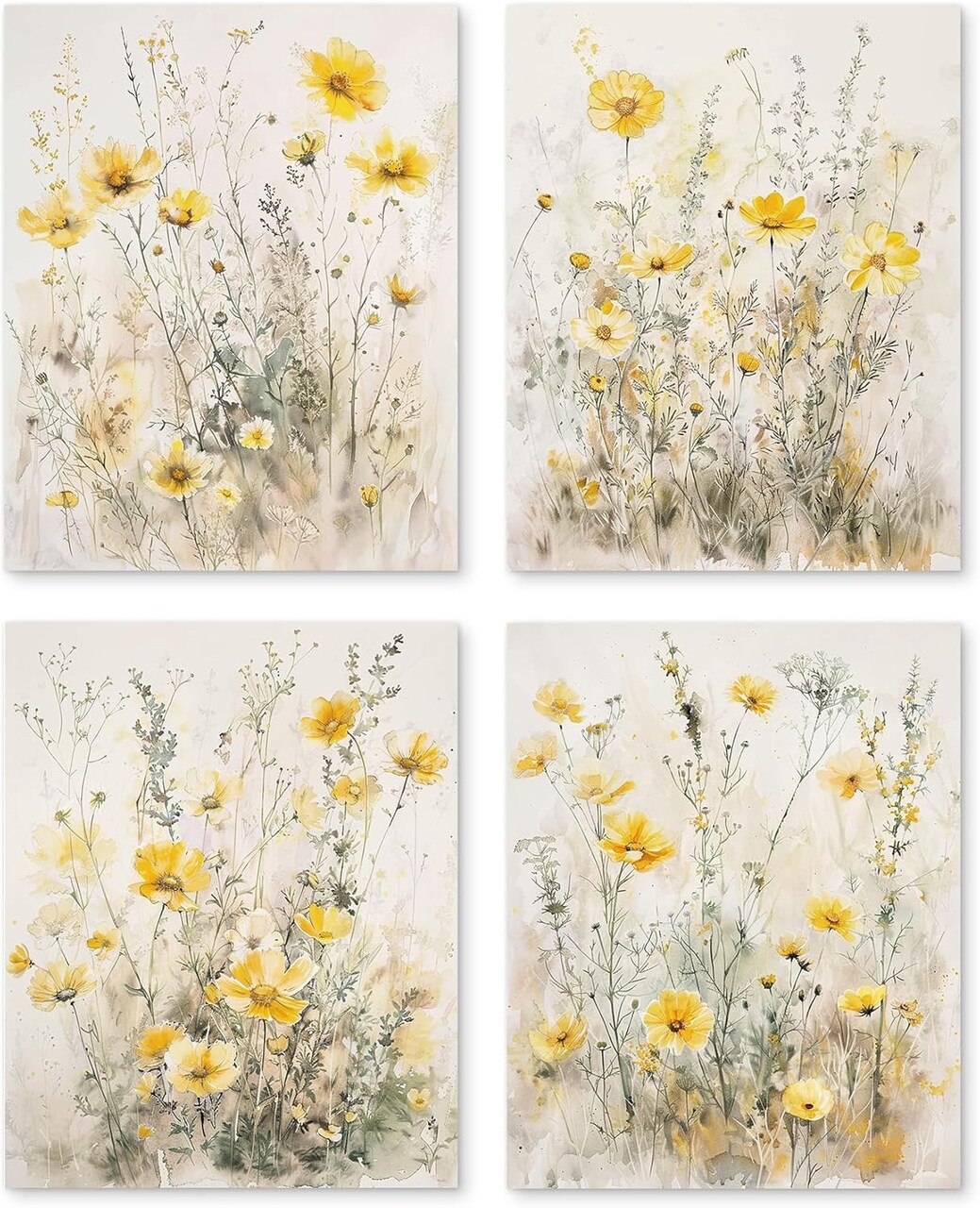 Summer Floral Wall Art Prints Set of 4, Summer Yellow Daisy Flower Wall Posters Decor for Farmhouse Home Living Room Porch Patio, Floral Poster Prints (8x10 Inches UNFRAMED)